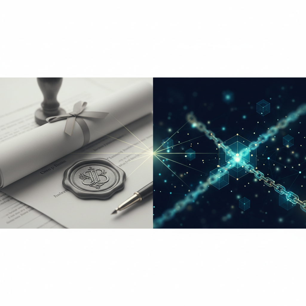 Schéma blockchain et marteau de justice symbolisant la preuve numérique