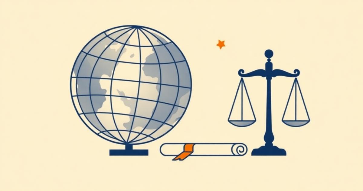 Illustration minimaliste : globe, décret scellé et balance de la justice sur fond crème