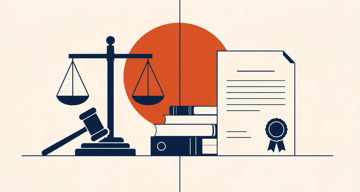 Illustration minimaliste : balance de la justice, marteau et décret scellé sur fond crème