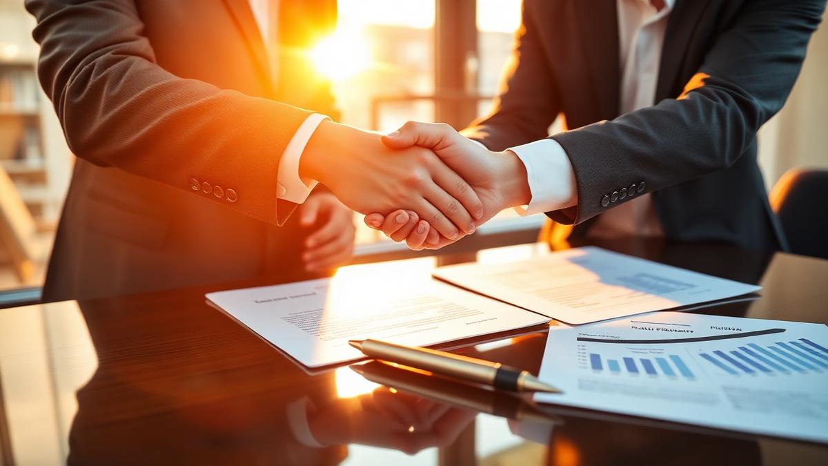 Signature d'un contrat de franchise avec documents financiers et poignée de main professionnelle