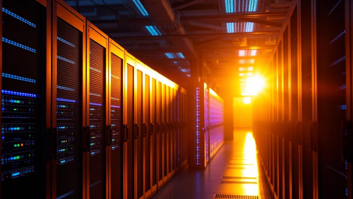 Salle de serveurs cloud computing avec éclairage golden hour pour article sur le contrat d'infogérance