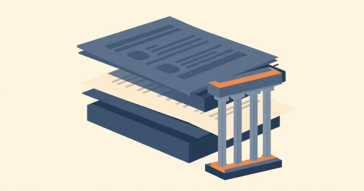 Minimalist vector illustration: stacked suretyship documents and a bank column