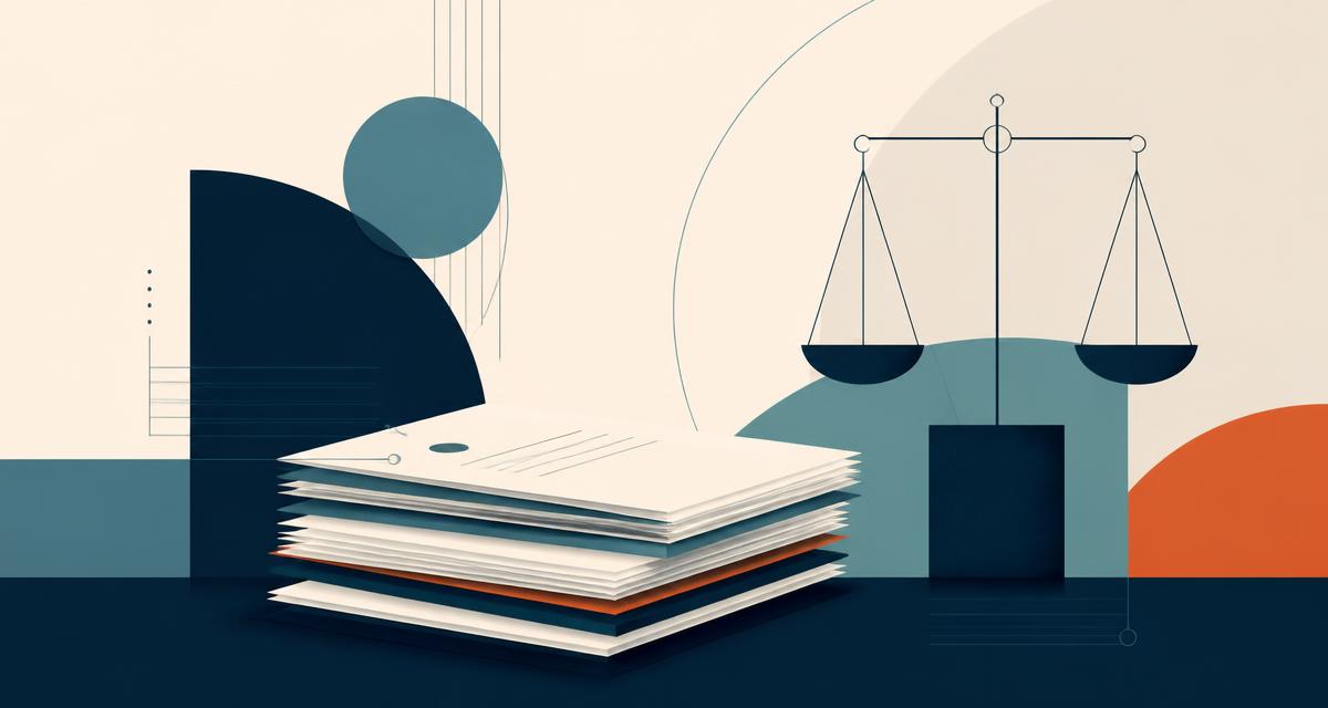 Minimalist vector illustration: legal documents and scales of justice, in cream and navy blue tones