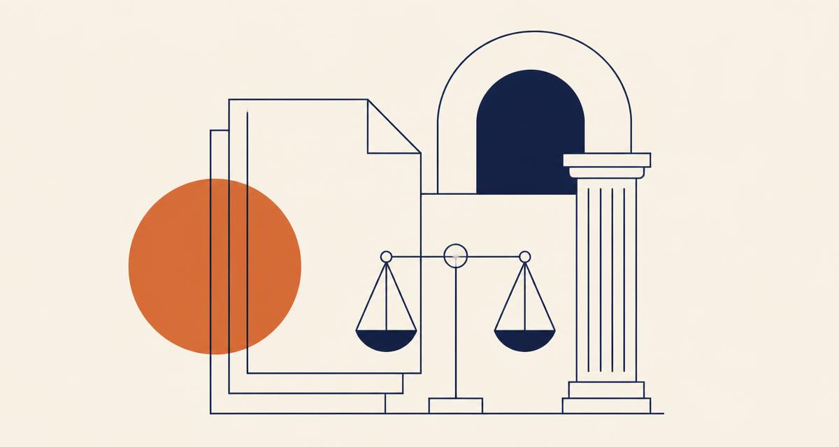 Minimalist illustration: contractual documents, court arch, and scales of justice