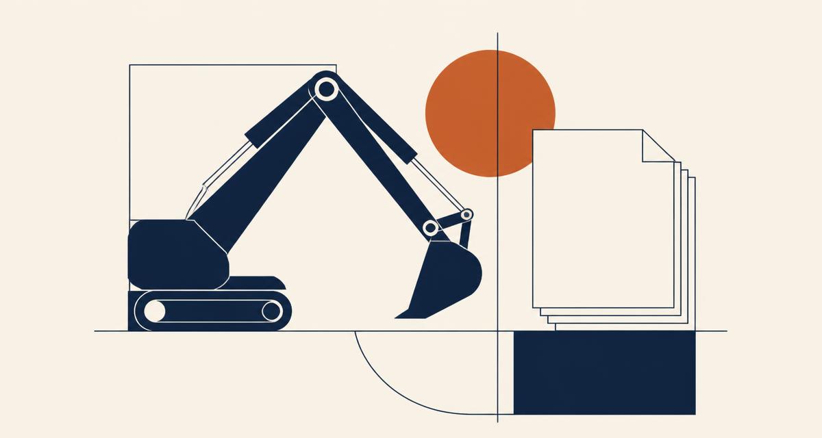 Minimalistische Illustration: stilisierter Hydraulikbagger und Vertragsdokumente