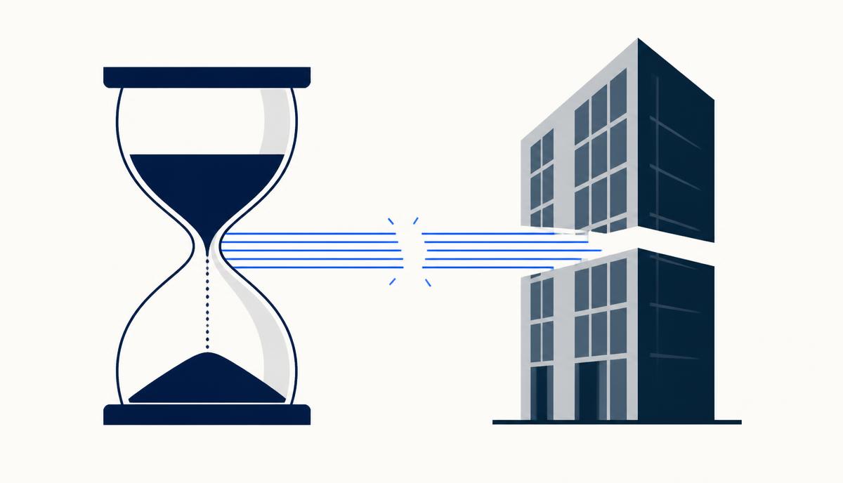 Illustration vectorielle moderne : sablier bleu marine et bâtiment d'entreprise scindé en deux blocs