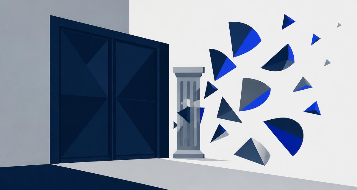 Illustration vectorielle moderne : porte fermée bleu marine, colonne de palais de justice et parts sociales fragmentées