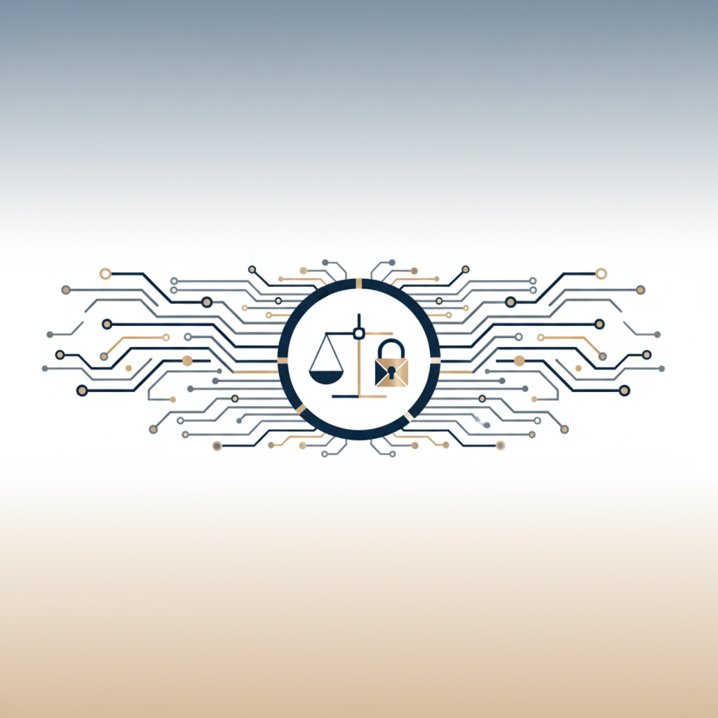Représentation visuelle du scraping de données avec code informatique et balance de justice symbolisant cadre légal